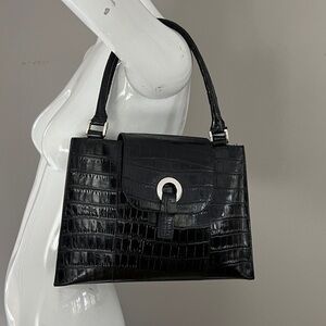 Bloomingdale’s Black Croc Embossed Leather Double Compartment Handbag